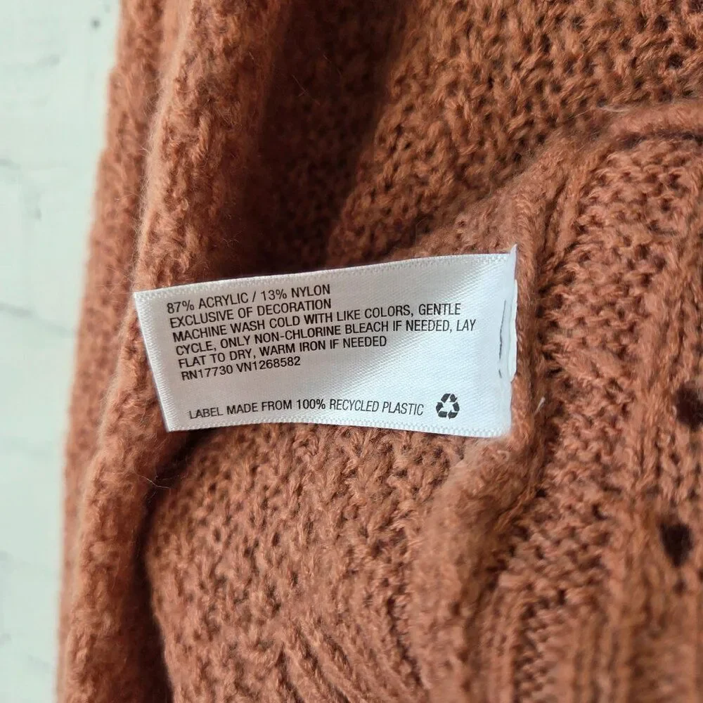 Wild Fable Cable Knit Embroidery Sweater Size M Brown Floral Crew Balloon Sleeve
